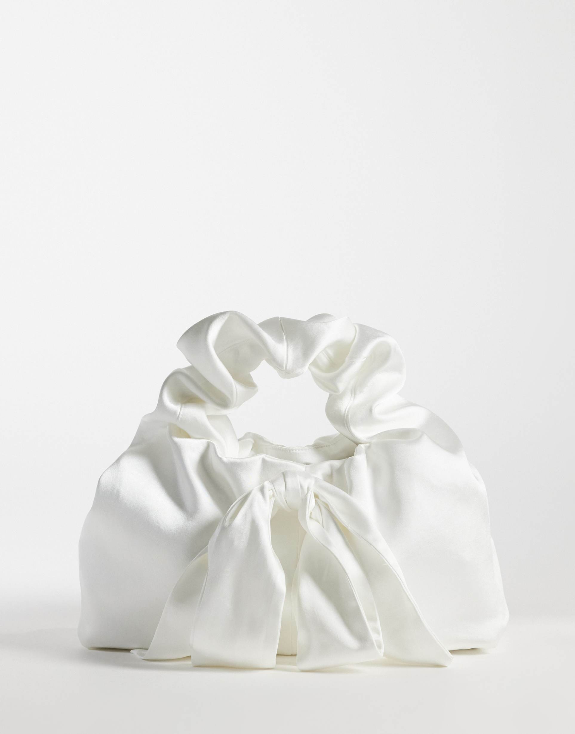 six stories bridal satin bow mini bag in white
