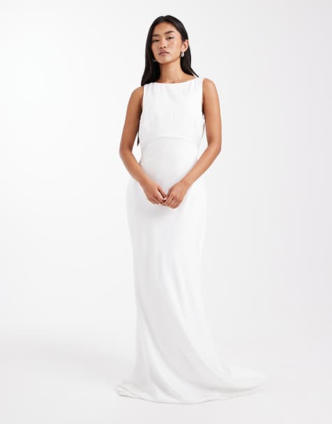 Six Stories Bridal satin maxi dress with mesh keyhole back and button detail in white - view 1