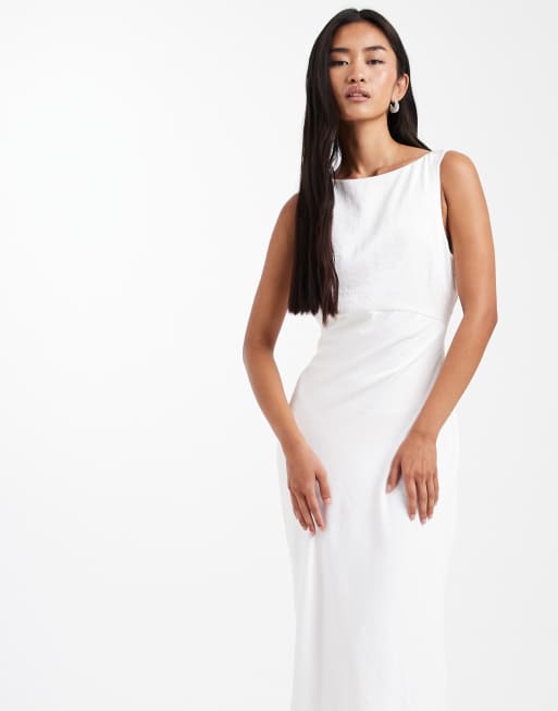 Six Stories Bridal satin maxi dress with mesh keyhole back and button detail in white, 3 of 4