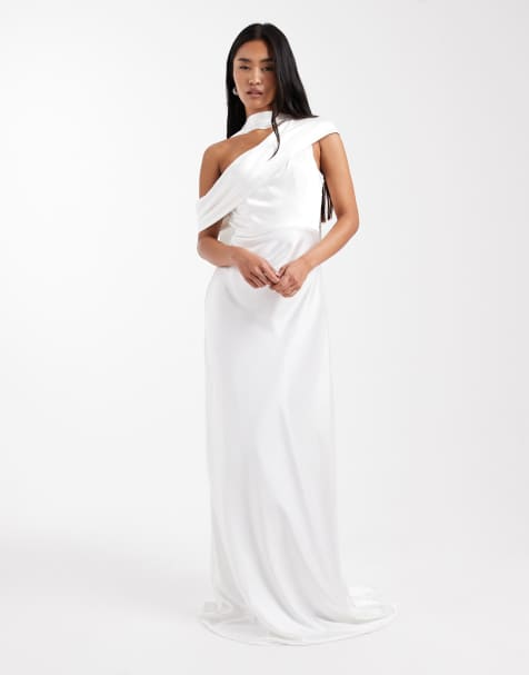 Six Stories Bridal satin one shoulder maxi dress in white - view 1