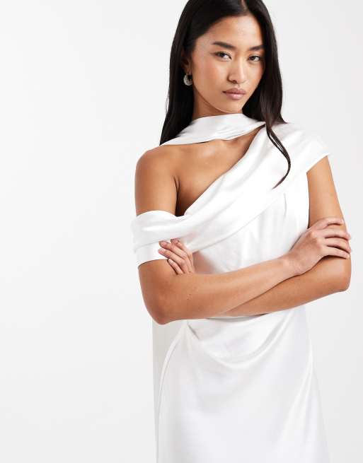 Six Stories Bridal satin one-shoulder maxi dress in white, 2 of 4