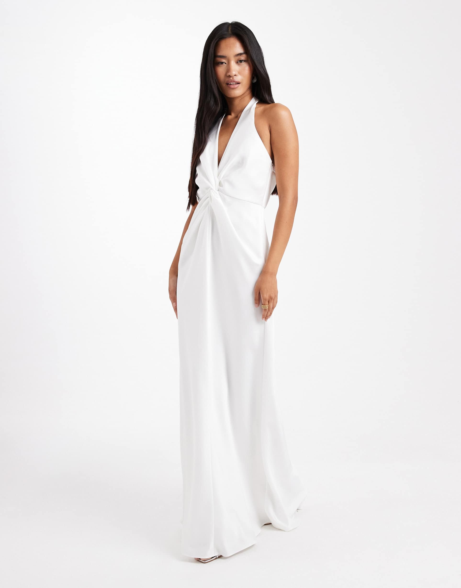 six stories bridal scarf halterneck twist front satin maxi dress in white