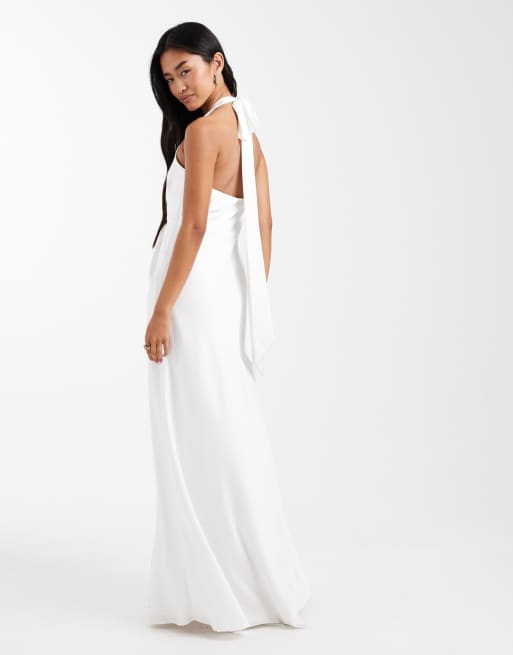Six Stories Bridal scarf halterneck twist front satin maxi dress in white