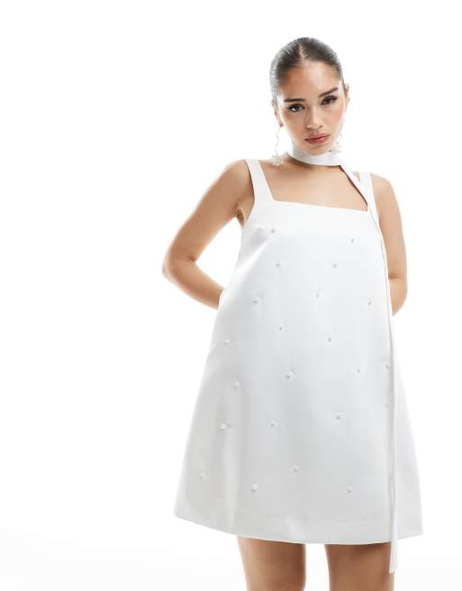 Six Stories Bridal scarf neck beaded mini dress in ivory, 3 of 4