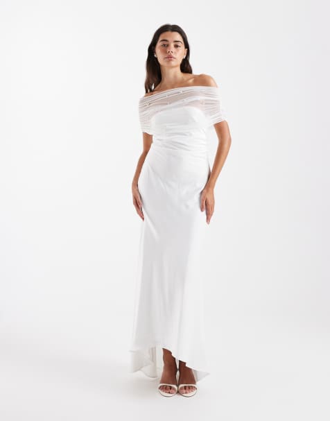 Six Stories – Bridal – Schulterfreies, verziertes Midikleid in Weiß mit asymmetrischem Saum - view 1