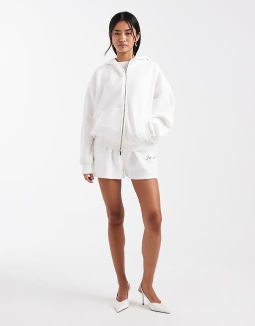 Six Stories Bridal script 'just married' sweat short co-ord in white, 2 of 5