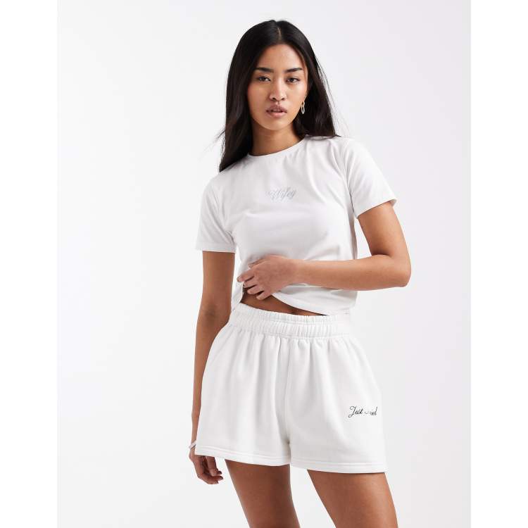 Six Stories Bridal script 'just married' sweat shorts in white