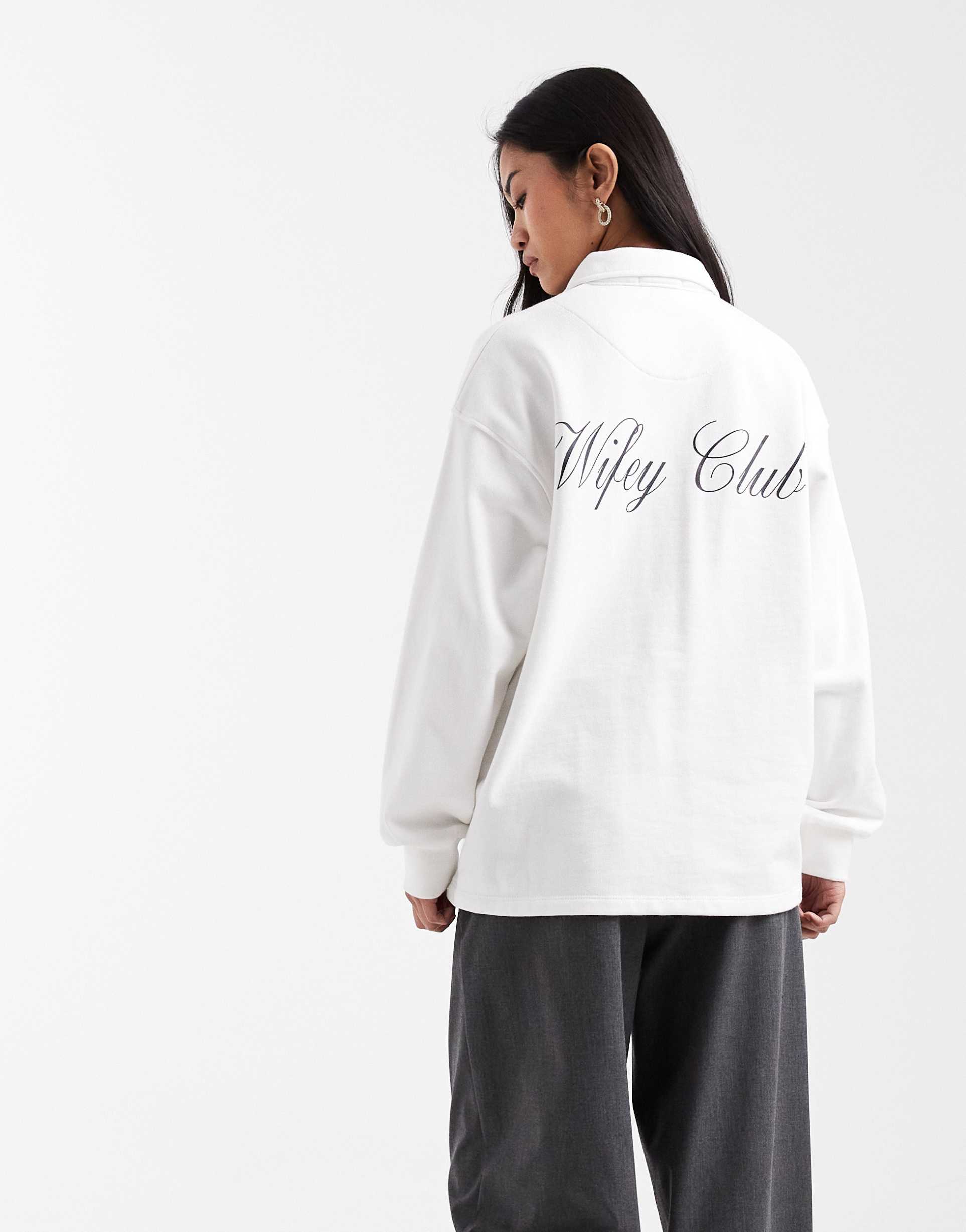 six stories bridal script 'wifey club' back print polo sweatshirt in white