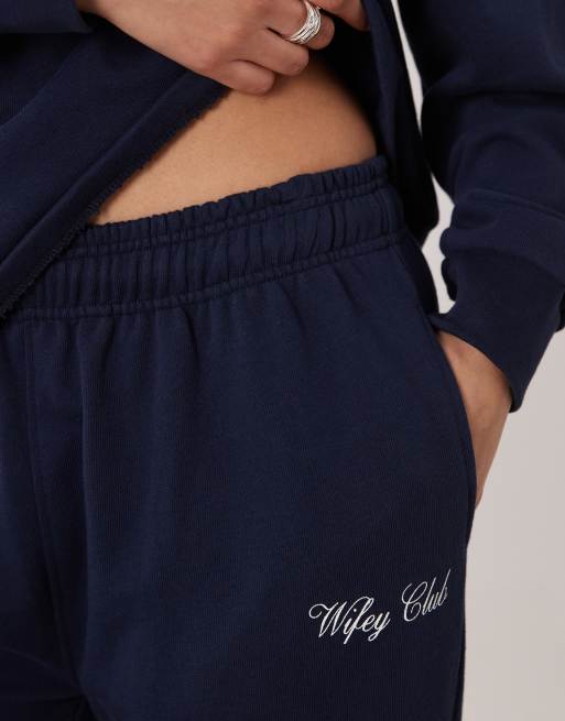 Six Stories Bridal script 'Wifey Club' sweat pants co-ord in navy, 2 of 5