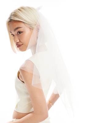 Bride bow hair clip tulle veil in ivory-White