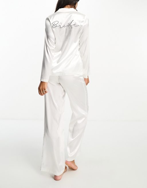 Six Stories bride satin pajama set with embroidery in white ASOS