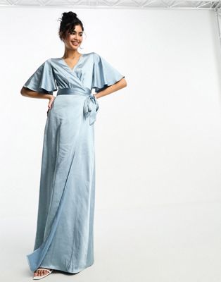 Bridesmaid angel sleeve wrap satin maxi dress in dusty blue