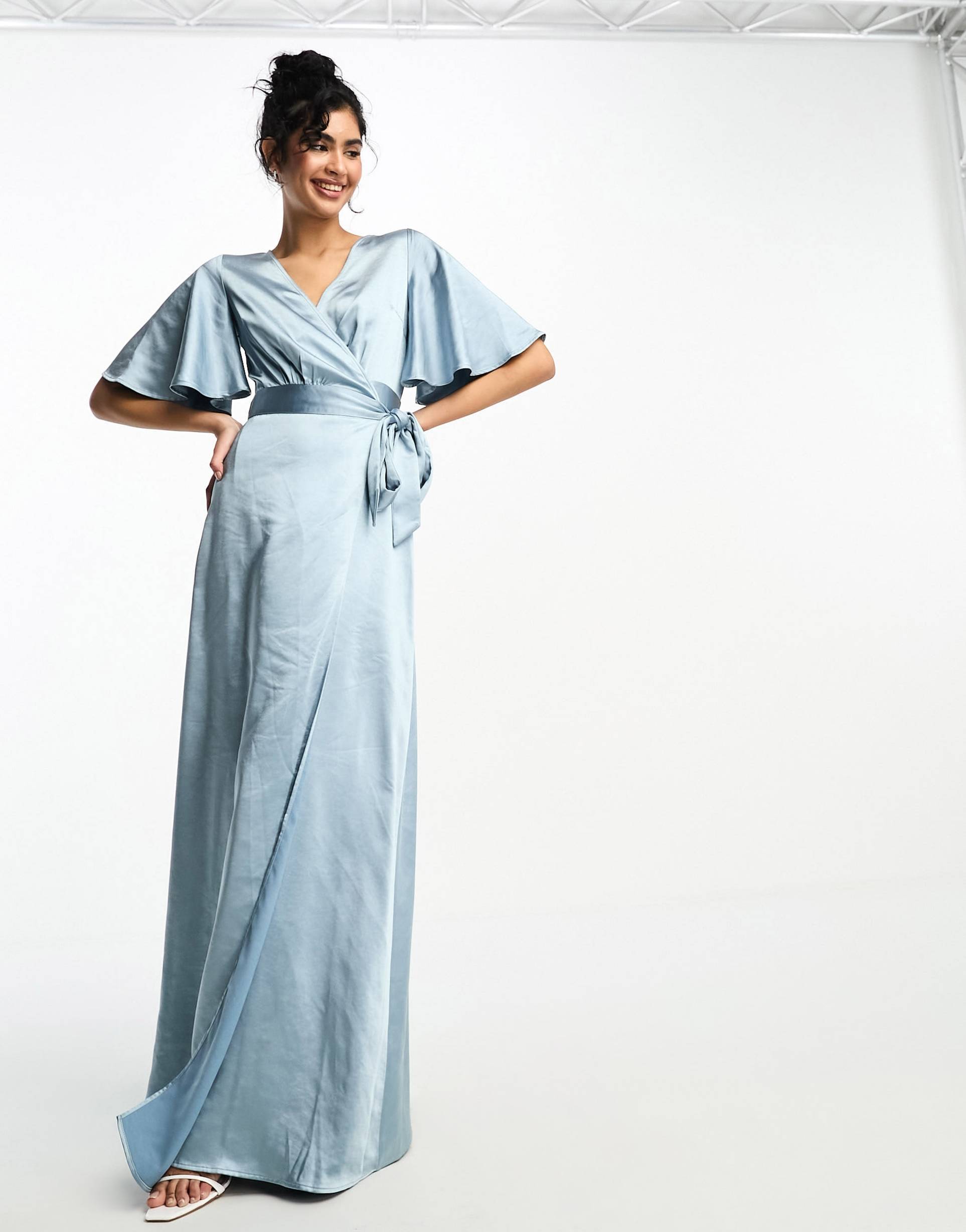 six stories bridesmaid angel sleeve wrap satin maxi dress in dusty blue