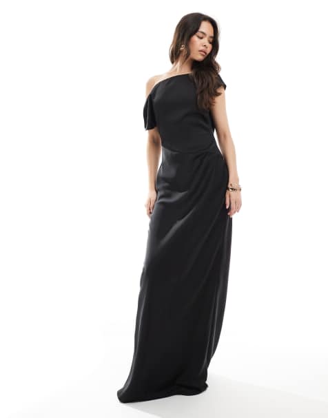 Six Stories Bridesmaid asymmetric satin maxi dress in black