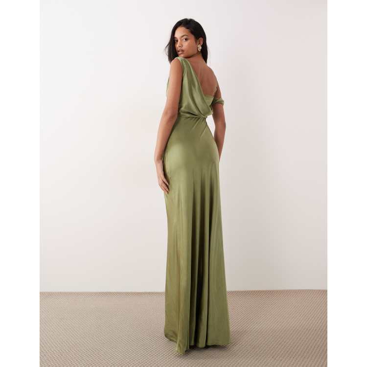 Six Stories Bridesmaid asymmetric cowl maxi dress in moss green | ASOS