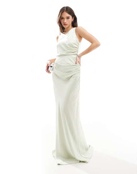 Six Stories Bridesmaid asymmetric cowl satin maxi dress in mint green - view 1