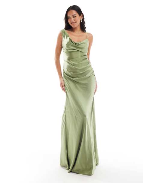 Six Stories Bridesmaid asymmetric ruched satin maxi dress in moss green