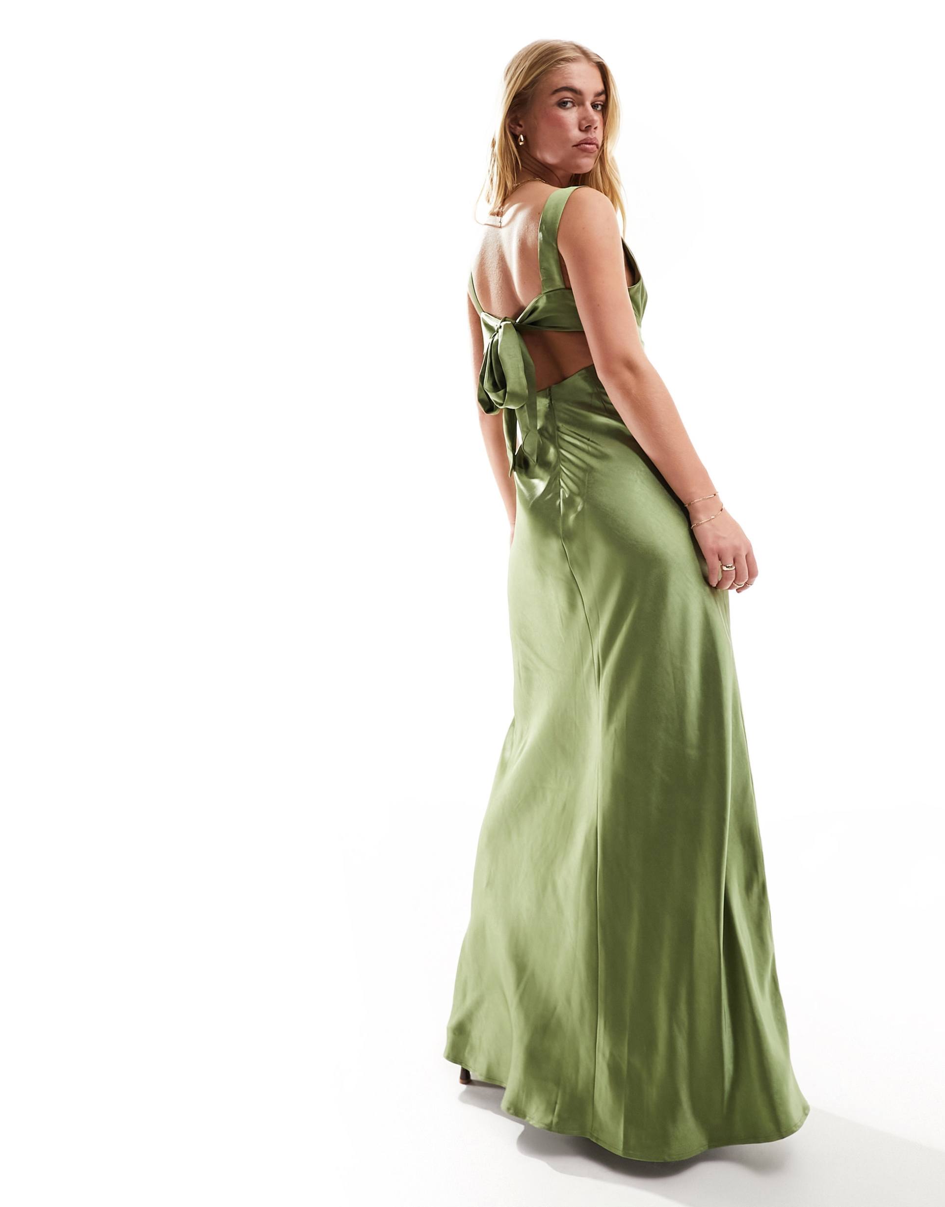 six stories bridesmaid bow back satin maxi dress in moss green