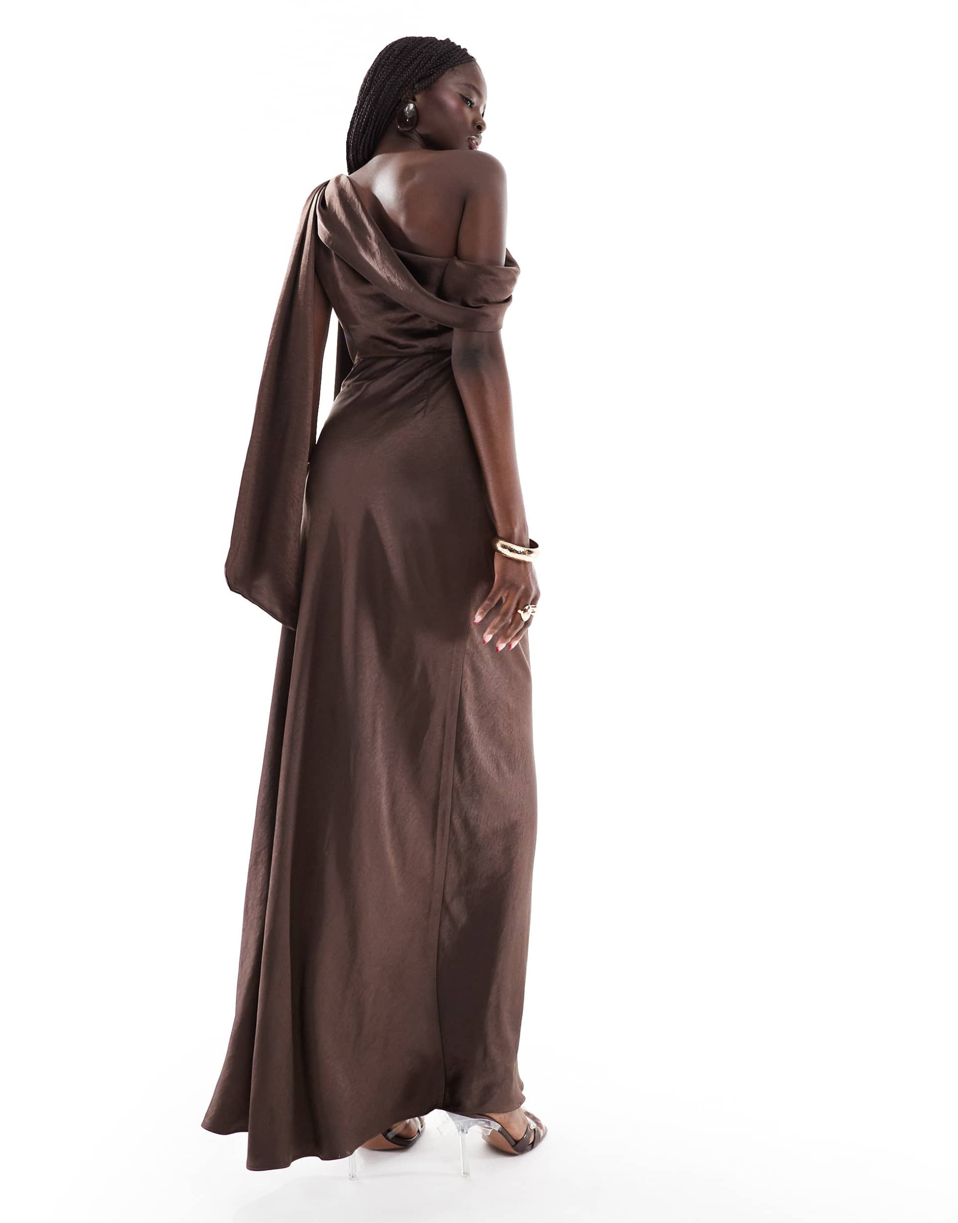 six stories bridesmaid bow one shoulder satin maxi dress in chocolate brown