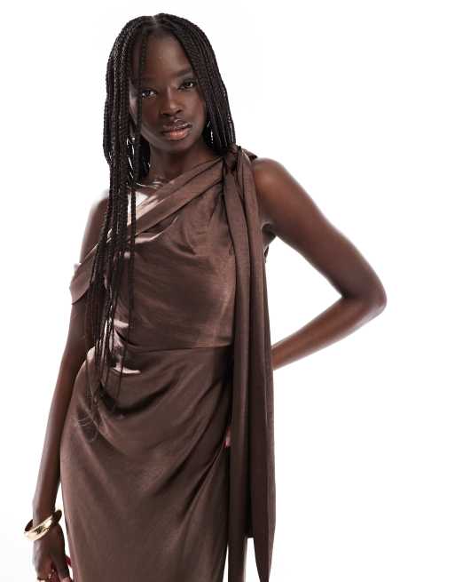 six stories brown dress Six Stories Bridesmaid ruched drape satin maxi dress in rust