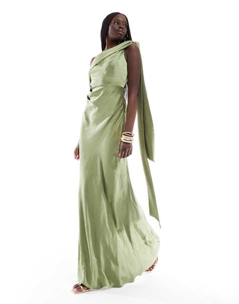 Six Stories Bridesmaid bow one shoulder satin maxi dress in moss green