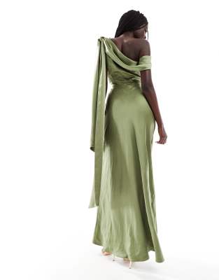 Six Stories Bridesmaid bow one shoulder satin maxi dress in moss green