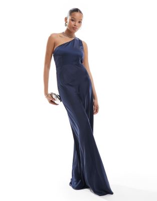 Six Stories Bridesmaid bow one shoulder satin maxi dress in navy