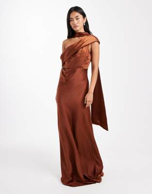 Six Stories Bridesmaid Bow One Shoulder Satin Maxi Dress In Brown