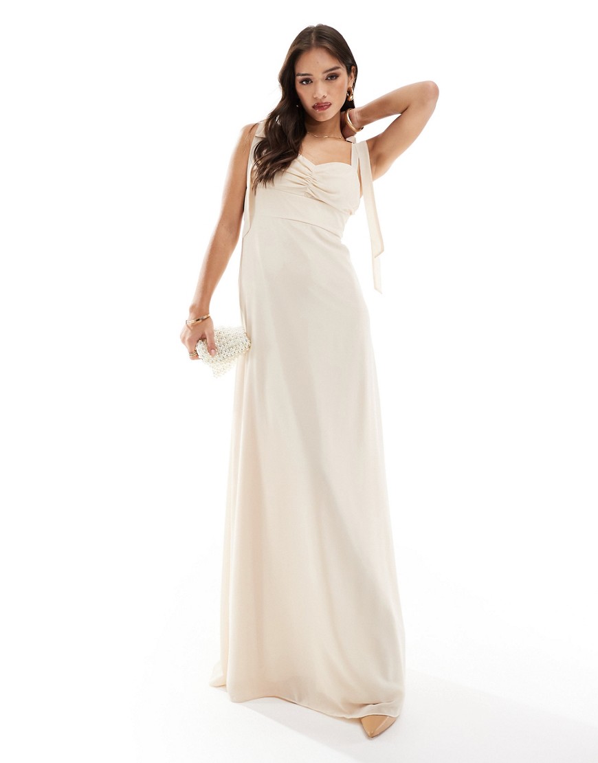 Six Stories Bridesmaid bow shoulder chiffon maxi dress in champagne-Neutral