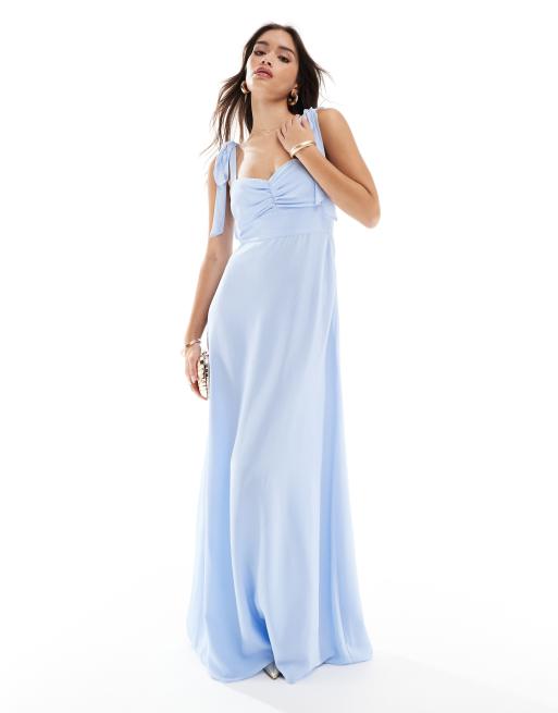 Six Stories Bridesmaid bow shoulder chiffon maxi dress in powder blue ...