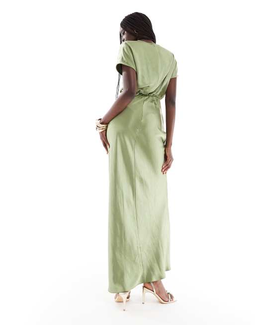 Six Stories – Bridesmaid – Brautjungfern-Maxikleid aus satiniertem Satin mit Rüschen in Moosgrün, 4 von 4