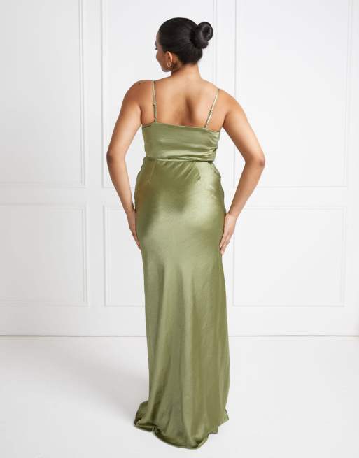 Six Stories – Bridesmaid – Camisole-Maxikleid aus moosgrünem Satin mit Schrägschnitt, 3 von 4