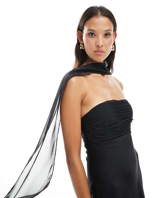 black dress with chiffon Long Formal Ruffle Sleeve Evening catching lace sleeves and back Six Stories Bridesmaid chiffon satin