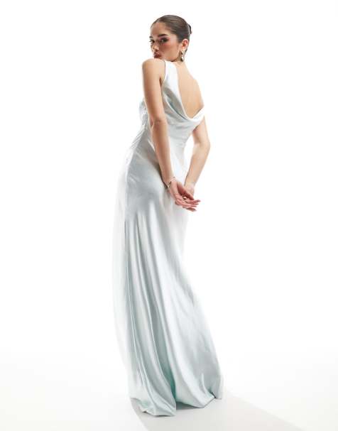 Six Stories Bridesmaid cowl back satin maxi dress in ice blue - view 1