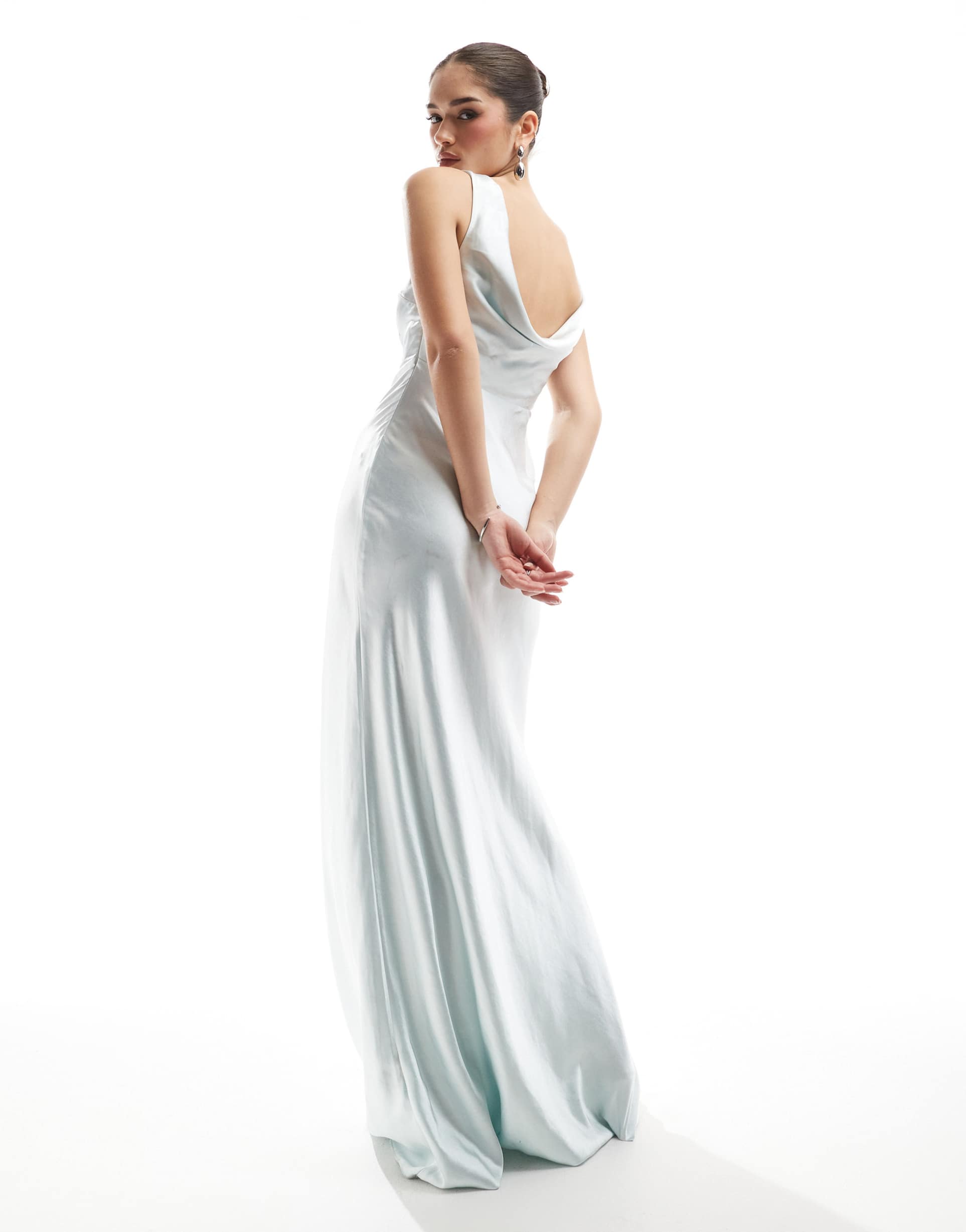 six stories bridesmaid cowl back satin maxi dress in ice blue