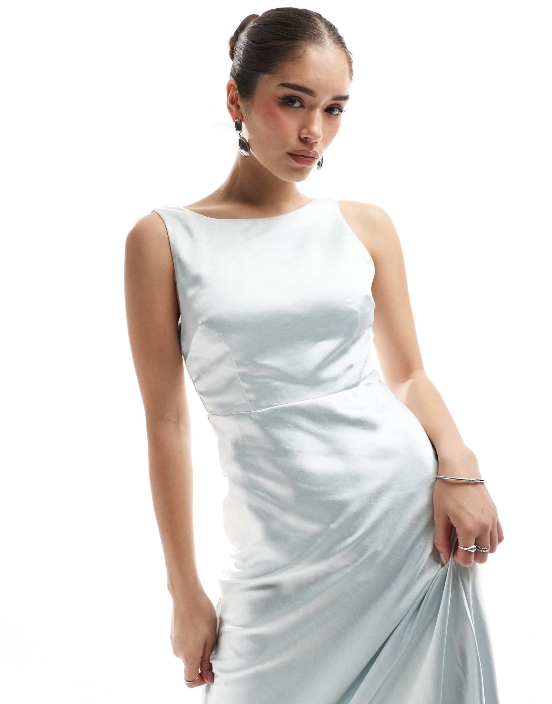 six stories bridesmaid cowl back satin maxi dress in ice blue