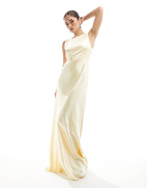 Six Stories Bridesmaid cowl back satin maxi dress in lemon, 2 of 4