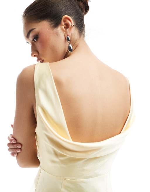 Six Stories Bridesmaid cowl back satin maxi dress in lemon, 3 of 4