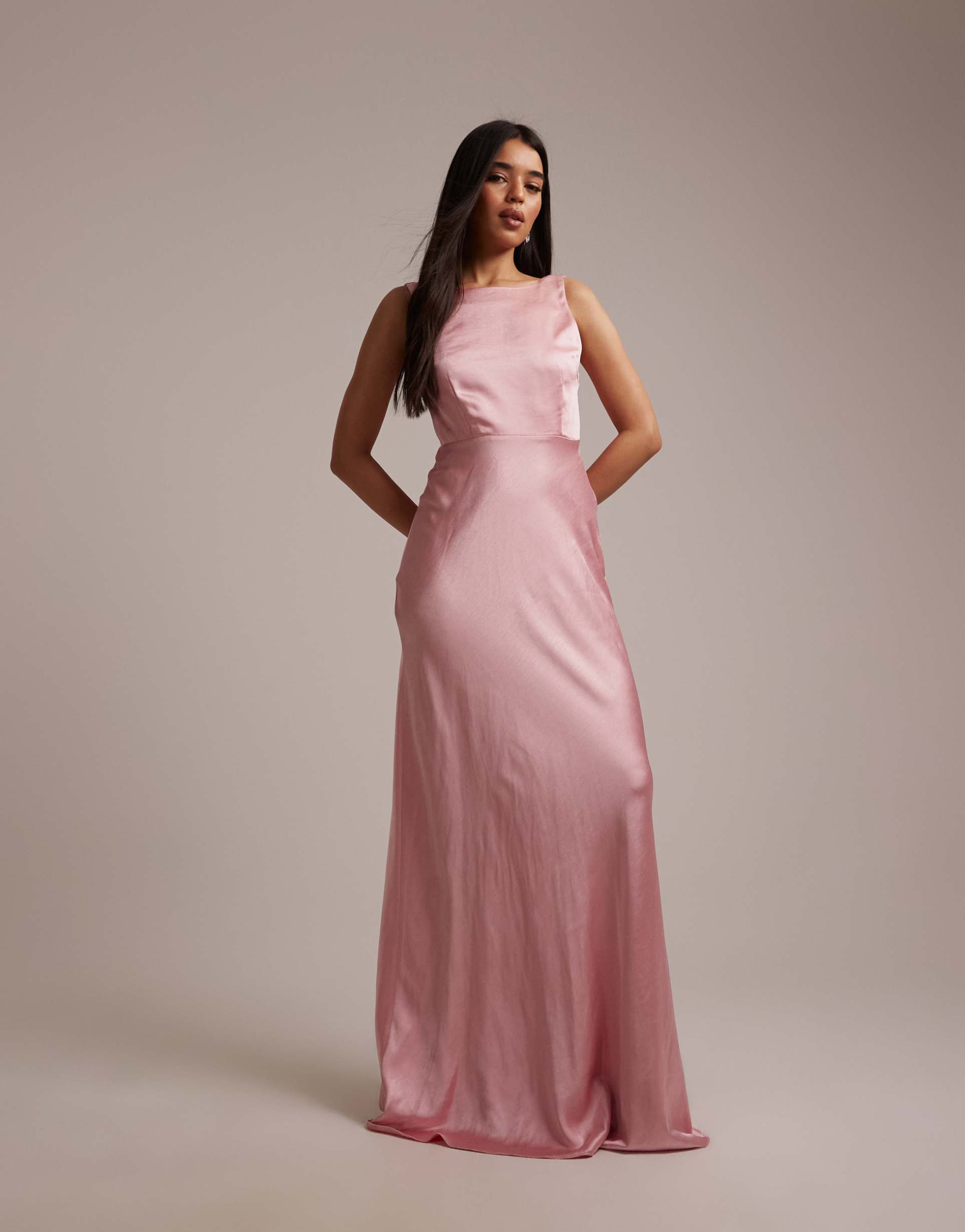 six stories bridesmaid cowl back satin maxi dress in powder pink