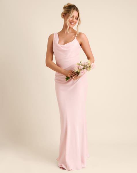 Six Stories Bridesmaid crepe asymmetric cowl neck maxi dress in light pink