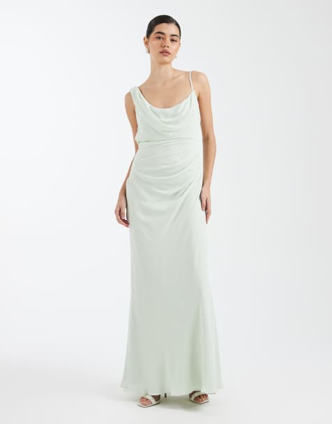 Six Stories Bridesmaid crepe asymmetric cowl neck maxi dress in mint green