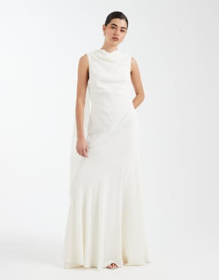 Six Stories Bridesmaid Crepe High Cowl Neck Maxi Dress In White