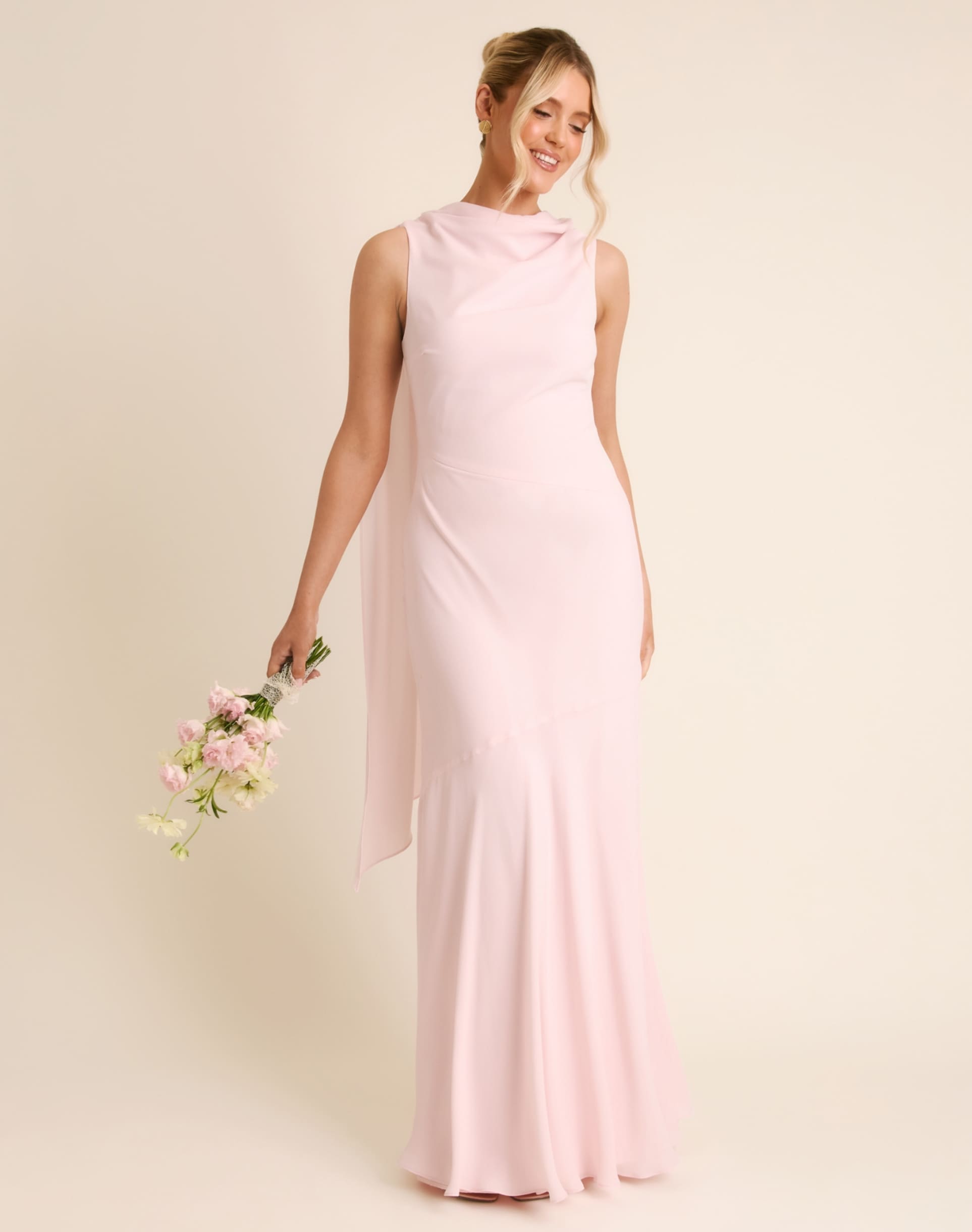 six stories bridesmaid crepe high cowl neck maxi dress in light pink
