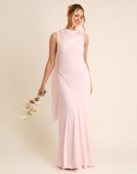 Six Stories Bridesmaid crepe high cowl neck maxi dress in light pink