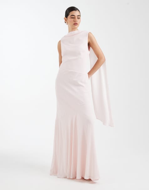 Six Stories Bridesmaid crepe high cowl neck maxi dress in soft pink