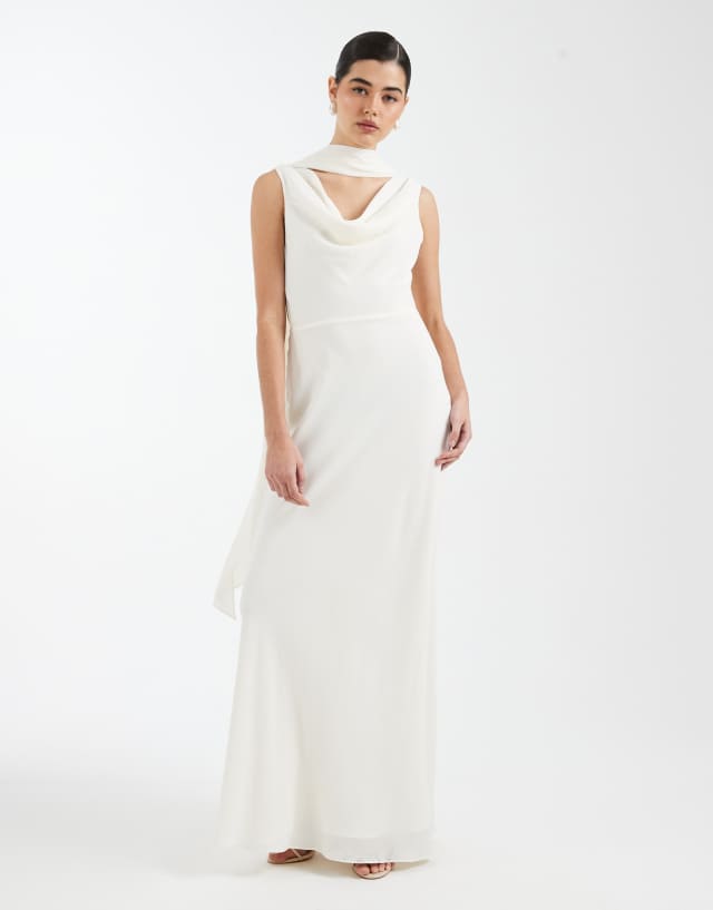 Six Stories Bridesmaid crepe plunge cowl front maxi dress in Ivory