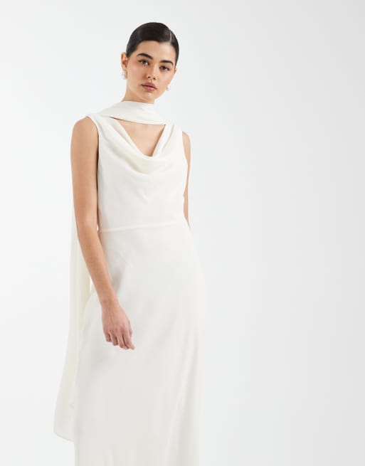 Six Stories Bridesmaid crepe plunge cowl front maxi dress in Ivory, 3 of 4