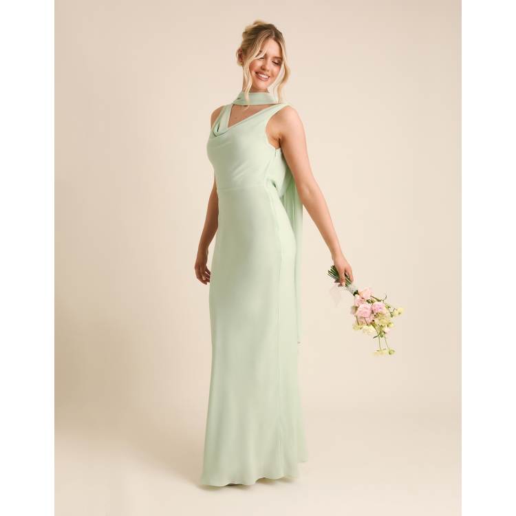 slim fit dress slacks Chiffon Dusty Green Long Bridesmaid Dress with Sleeves – FancyVestido main image 0