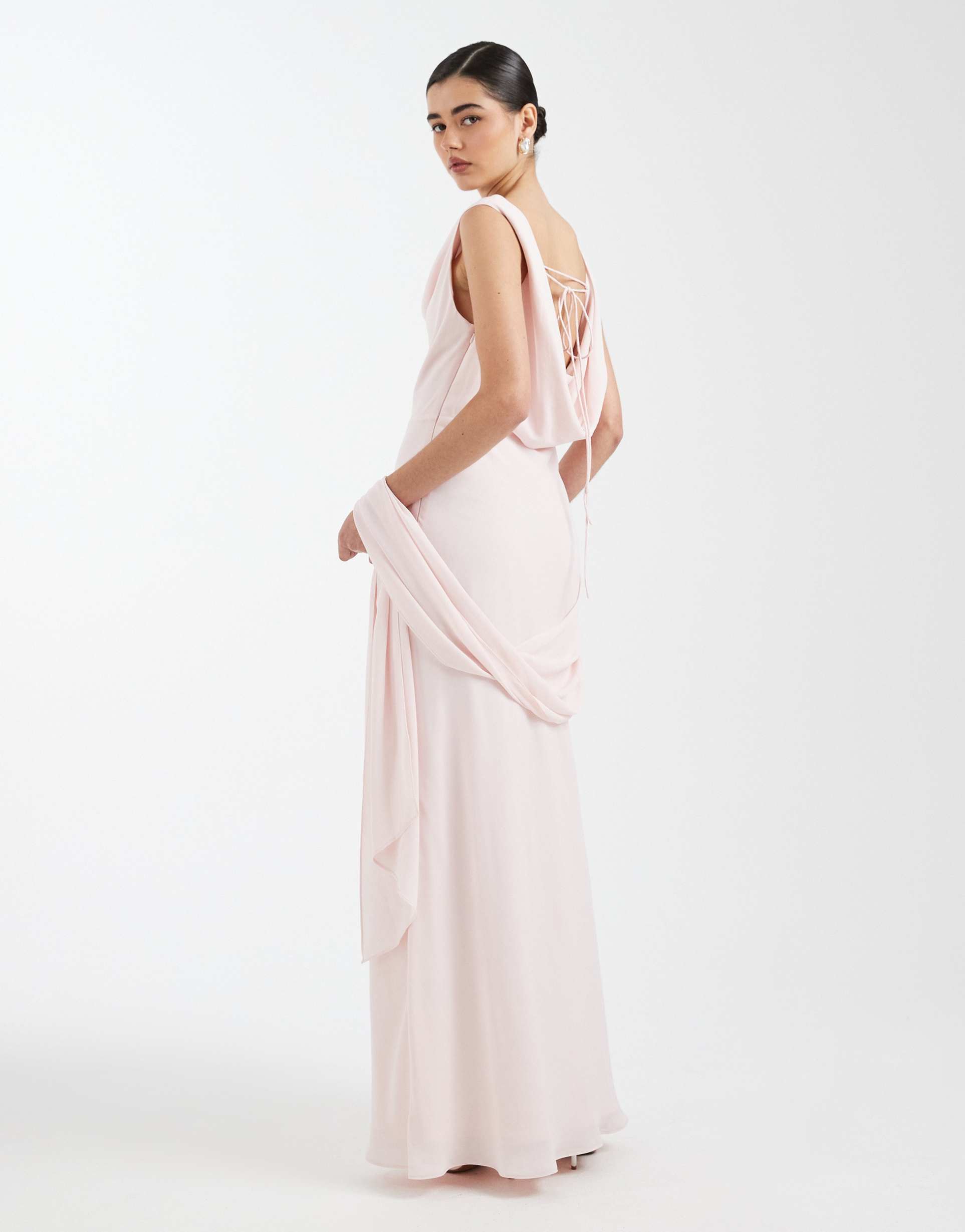 six stories bridesmaid crepe plunge cowl front maxi dress in soft pink