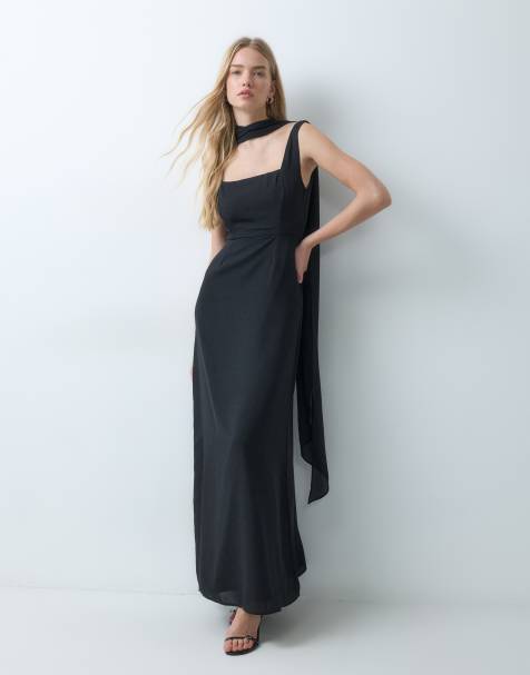 Six Stories Bridesmaid crepe square neck maxi dress with scarf neck in black - view 1